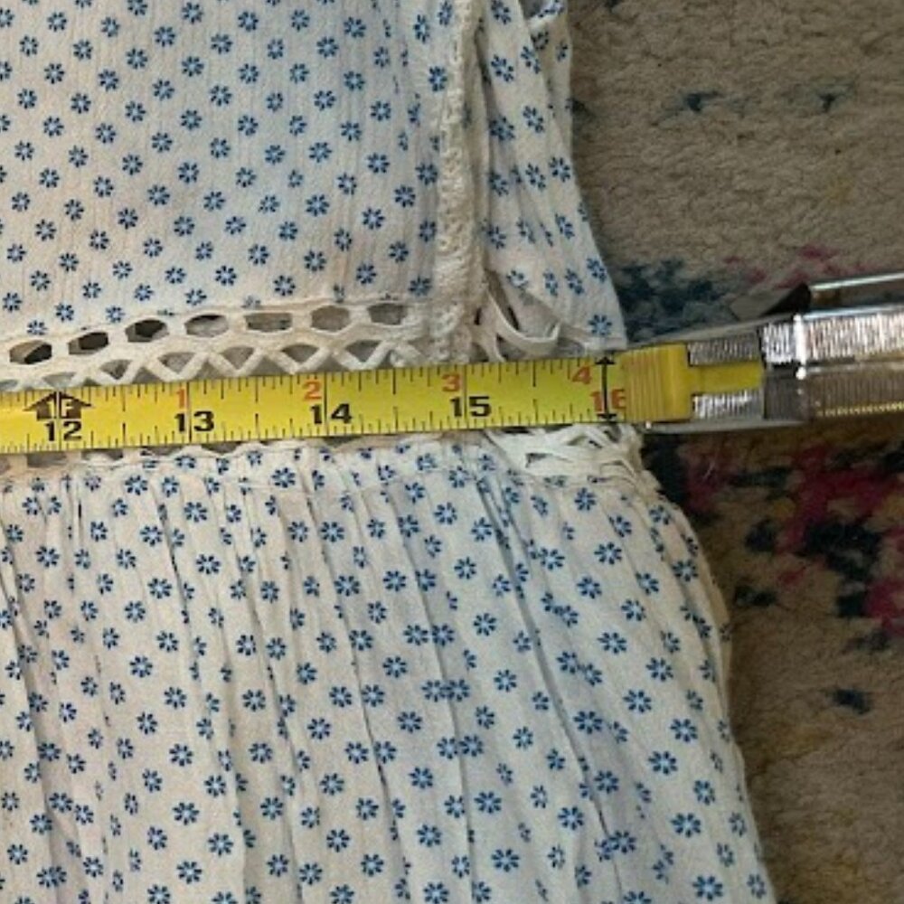 Free People Blue & White Floral Print Retro Kitty Crochet Trim Dress - SP - Picture 5 of 14